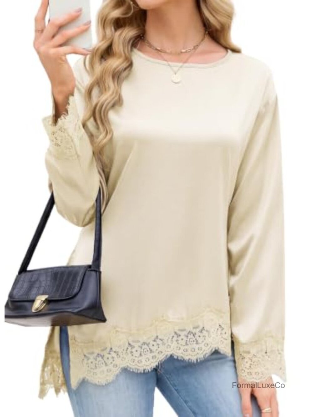 Women's Lace Cuff Long Sleeve Satin Asymmetrical Blouse